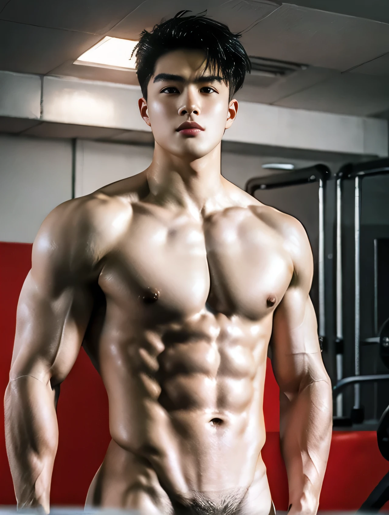 (​masterpiece)、(top-quality:1.0)、(超A high resolution:1.0)、detailed photograph、8K、Male, 25 years old, Korean Man、twinks、sportsman、Full Naked、Detailed skin、Training room as a background、Muscle training、Exposing Dick,（Elaborate fingers、1 male human、Lateral）、Upper Body Up、Training、perspiring, Masturbating, Full body, Big Dick, Long Dick