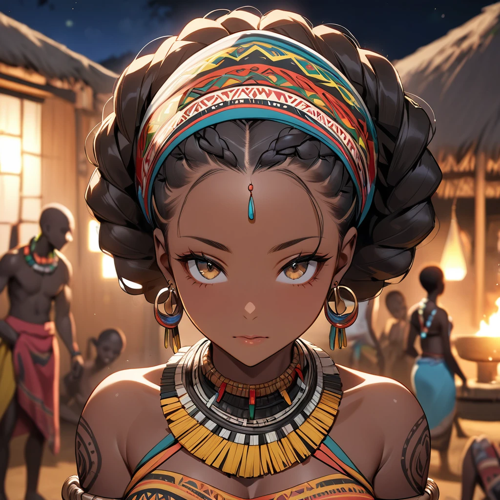((Highest quality)), ((masterpiece)), (detailed), (Perfect Face)、The woman has bright black skin、(Ghana braids with strong curly hair slicked back)、Black, dark skinned, African native tribal woman、The amount of hair is small、Light brown hair、Very short curly hair、Ghana braid hair, finely and delicately braided into Ghana braids and slicked back、Her hair is braided and thin, and she wears a tribal headdress and a tribal headscarf.、African black woman beautifully dressed in tribal clothing, tribal earrings and tribal accessories, wearing tribal makeup、A beautiful tribal woman with tattoos all over her body、Women in tribal village night rituals、The woman's hair is dyed black by the other women in the village and styled like an African woman's.
