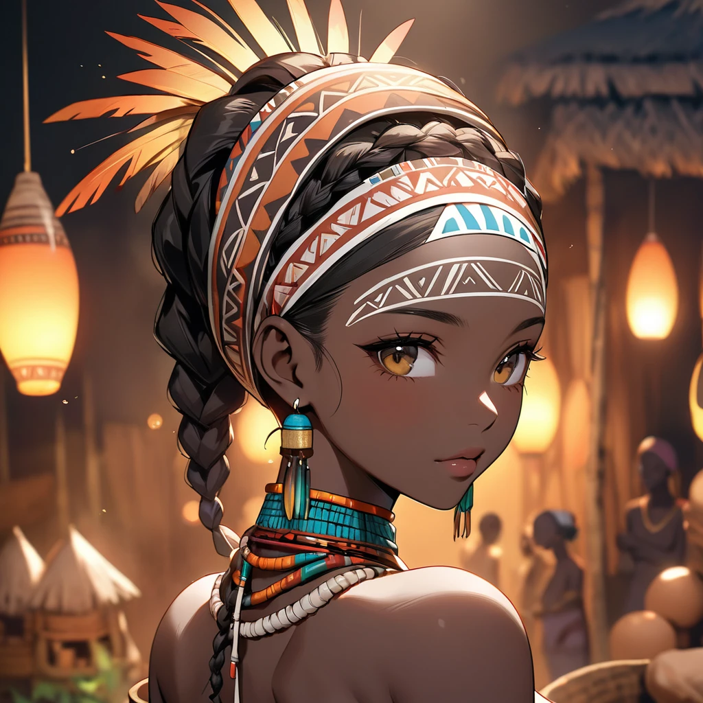 ((Highest quality)), ((masterpiece)), (detailed), (Perfect Face)、The woman has bright black skin、(Ghana braids with strong curly hair slicked back)、Black, dark skinned, African native tribal woman、The amount of hair is small、Light brown hair、Very short curly hair、Ghana braid hair, finely and delicately braided into Ghana braids and slicked back、Her hair is braided and thin, and she wears a tribal headdress and a tribal headscarf.、African black woman beautifully dressed in tribal clothing, tribal earrings and tribal accessories, wearing tribal makeup、A beautiful tribal woman with tattoos all over her body、Women in tribal village night rituals、The woman's hair is dyed black by the other women in the village and styled like an African woman's.