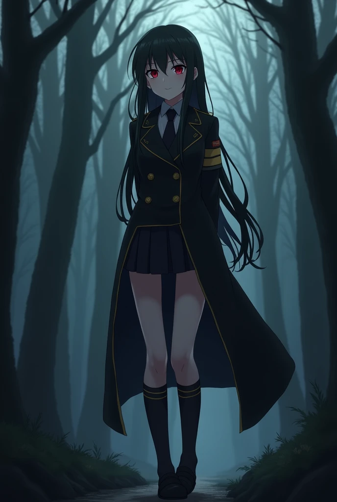 uniform、Long coat、Long Black Hair、Red eyes、Anime Style、woman、15 years old、Too much exposure、The background is a dark forest.、Colonel-level rank、Suspicious Smile、my hands are clasped behind my back、mini skirt、Knee-high socks