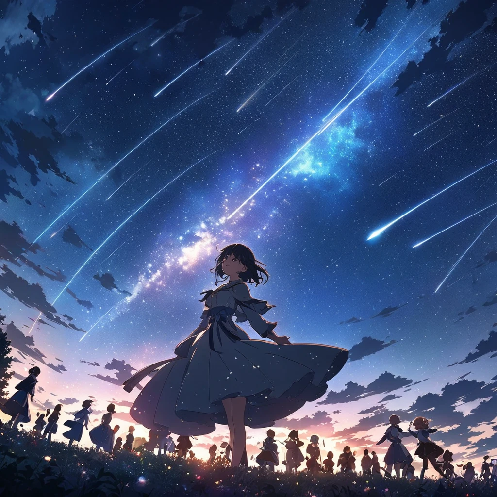 Anime drawings inspired by Makoto Shinkai, A girl throws a star into the dark sky, Shooting stars radiating from the night sky, Stars around the girl々The number of people looking up々Creatures of, Everyone looks up at the night sky with a smile, 4k anime wallpaper,Anime Art Wallpaper, by Cyril Rolando,