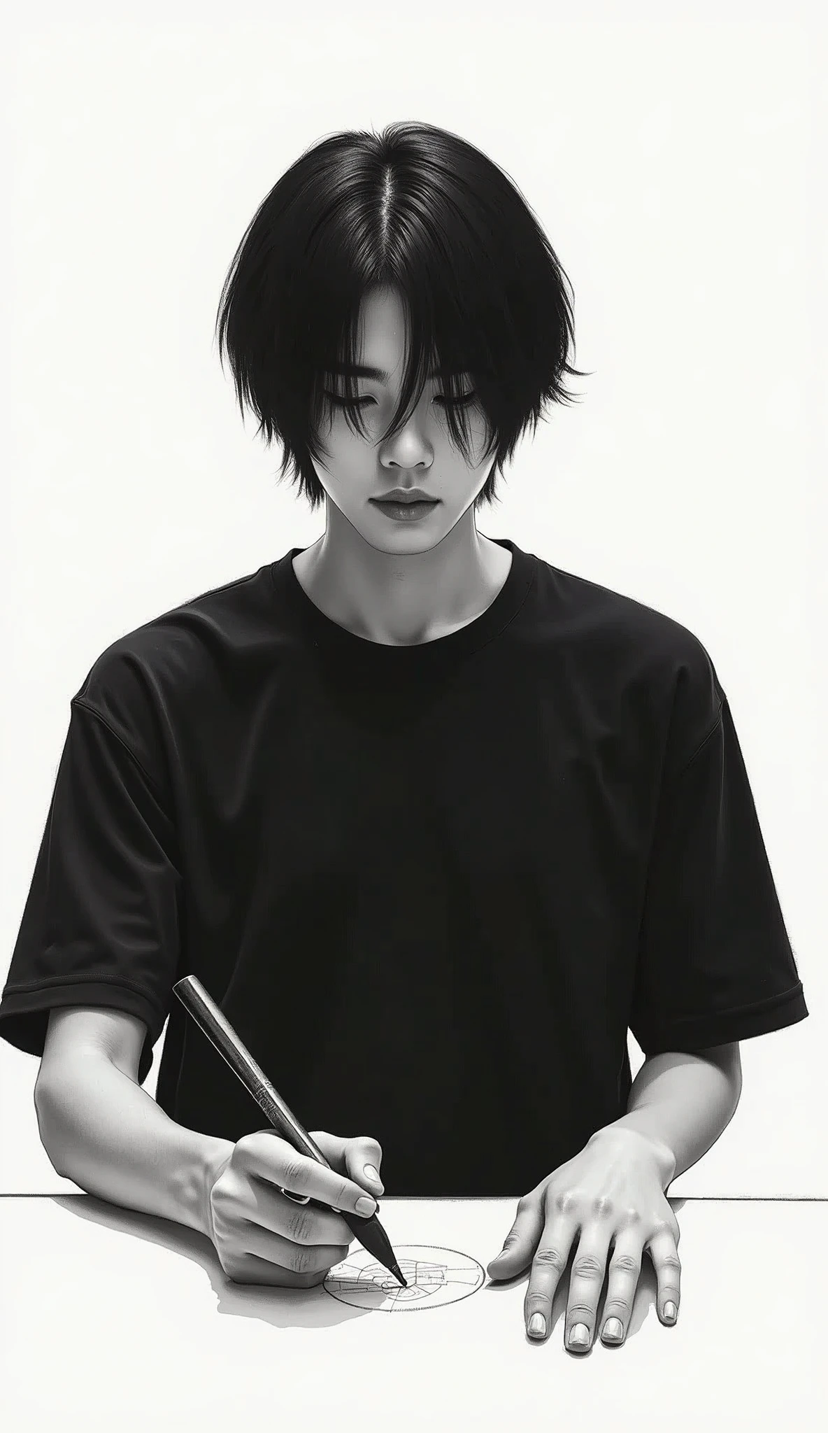 On a white background、A young man wearing a plain black unisex T-shirt、Japanese、22 years old、Black Hair、Bobcut、drawing、monochromatic