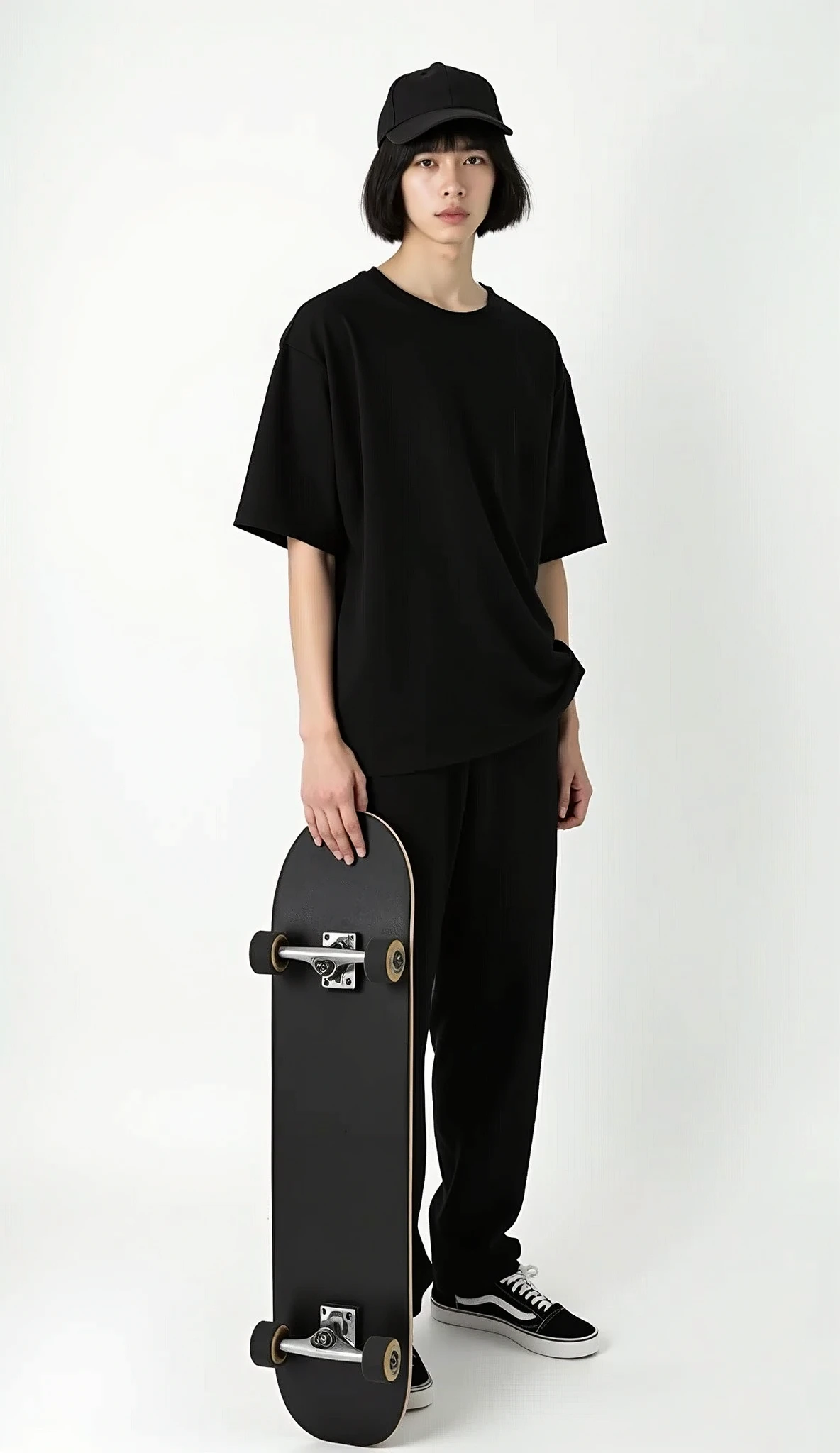 On a white background、A young man wearing a plain black unisex T-shirt、Japanese、22 years old、Black Hair、Bobcut、Black baseball cap、skateboard、monochromatic