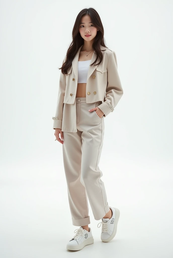 A young female K-pop Idol in a Newjeans outfit style, white background. Full view, from her head to her toes. 