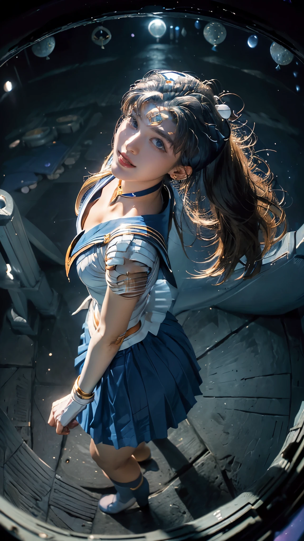 Highest quality, masterpiece, Ultra-high resolution,8k,((Sky Blue Sailor Moon Cosplay Portrait:1.6)), (Real Image), RAW Photos、((Pleated mini skirt)),((Breast up)),1 person,A slim 22-year-old adult female,((A big smile showing all my teeth, )) ,((Blonde ponytail and hair tie)),((Ribbon in hair)),((Looking up at the audience)),((Face Focus:1.4)),((Shot from above the moonlit sky with a fisheye lens:1.4))