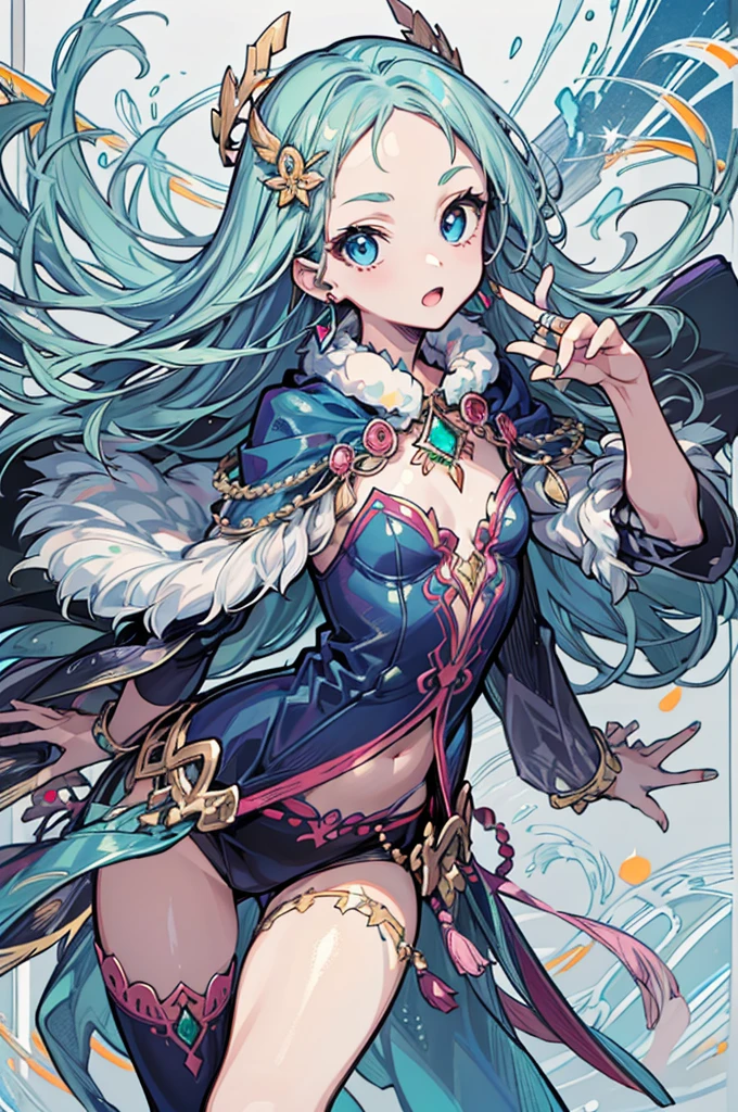 1girl, solo, looking at viewer, cowboy shot, standing, flat pectus, long hair, bangs, (forehead jewelry), hair ornament, (white background), jewelry, (blue eyes), jewelry earrings, ((emerald hair)), particles, jewelry ornament, magician, long-sleeves, cape, fur trim, (masterpiece), (best quality), (ultra-detailed), (illustration:1.2), (perfect hands:1.4, two legs), perfectly structured, natural proportions, extremely detailed beautiful anime face,