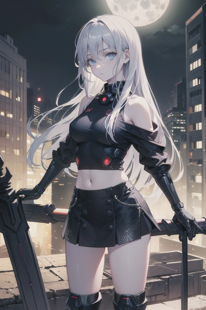 ((masterpiece)), ((best quality)), ((best illustration)), ((ultra-detailed)),((photorealistic color)), 1 lady, solo, teenager, absurdly long hair, silver hair, straight hair, ((blue eyes)), ((hyper detailed eyes)), ((hyper detailed face)), gloomy face, ((holding cybernetic spear)), lonely, looking at viewer, business suit, off shoulder, sleeveless, ((miniskirt)), bare legs, thin body, thin arms, long arms, standing, cowboy shot, side view, rooftop, skyline, urban, night, moonlight, backlight