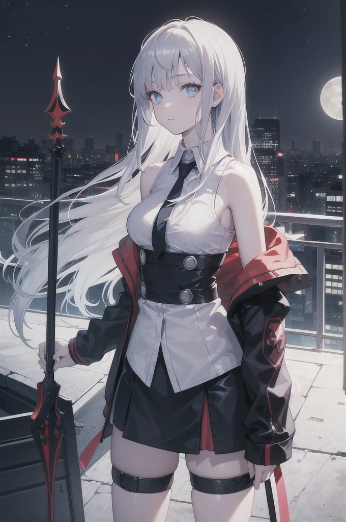 ((masterpiece)), ((best quality)), ((best illustration)), ((ultra-detailed)),((photorealistic color)), 1 lady, solo, teenager, absurdly long hair, silver hair, straight hair, ((blue eyes)), ((hyper detailed eyes)), ((hyper detailed face)), gloomy face, ((holding cybernetic spear)), lonely, looking at viewer, business suit, off shoulder, sleeveless, ((miniskirt)), bare legs, thin body, thin arms, long arms, standing, cowboy shot, side view, rooftop, skyline, urban, night, moonlight, backlight