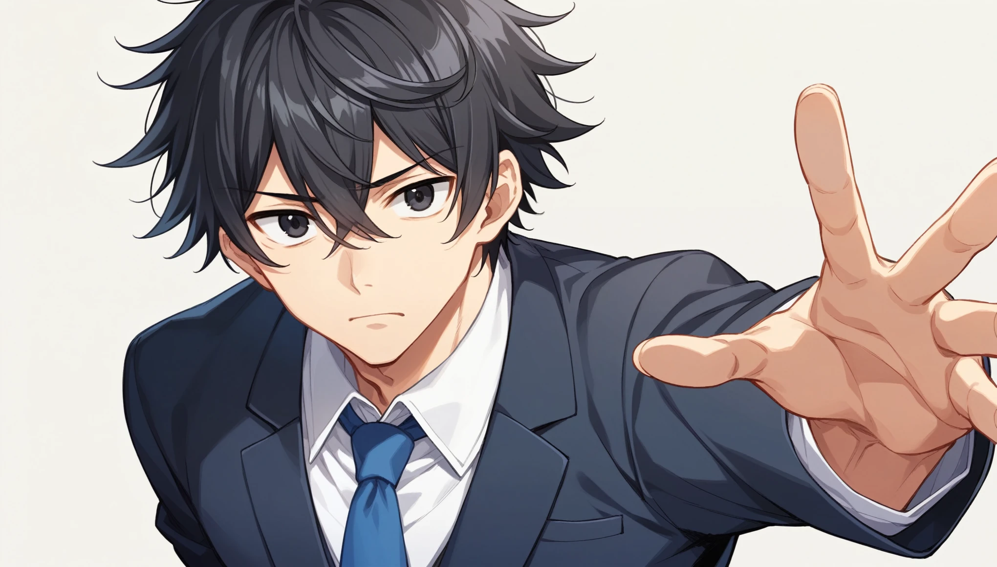 (masterpiece:1.3), (best quality:1.3), (very detailed), (anime style:0.1), game cg, anime coloring,((simple background)), ((solo)), 1boy, a handsome man, long shot, japanese, makes an aesthetic, Natural Short hair,messy hair, hair between eyes,beautiful black hair,partial bangs, looking at viewer, standard body,dark blue business suit, blue tie, man in his thirties, black short hair, black eyes,((outstretched hands)),指をそろえる、腕をおろす