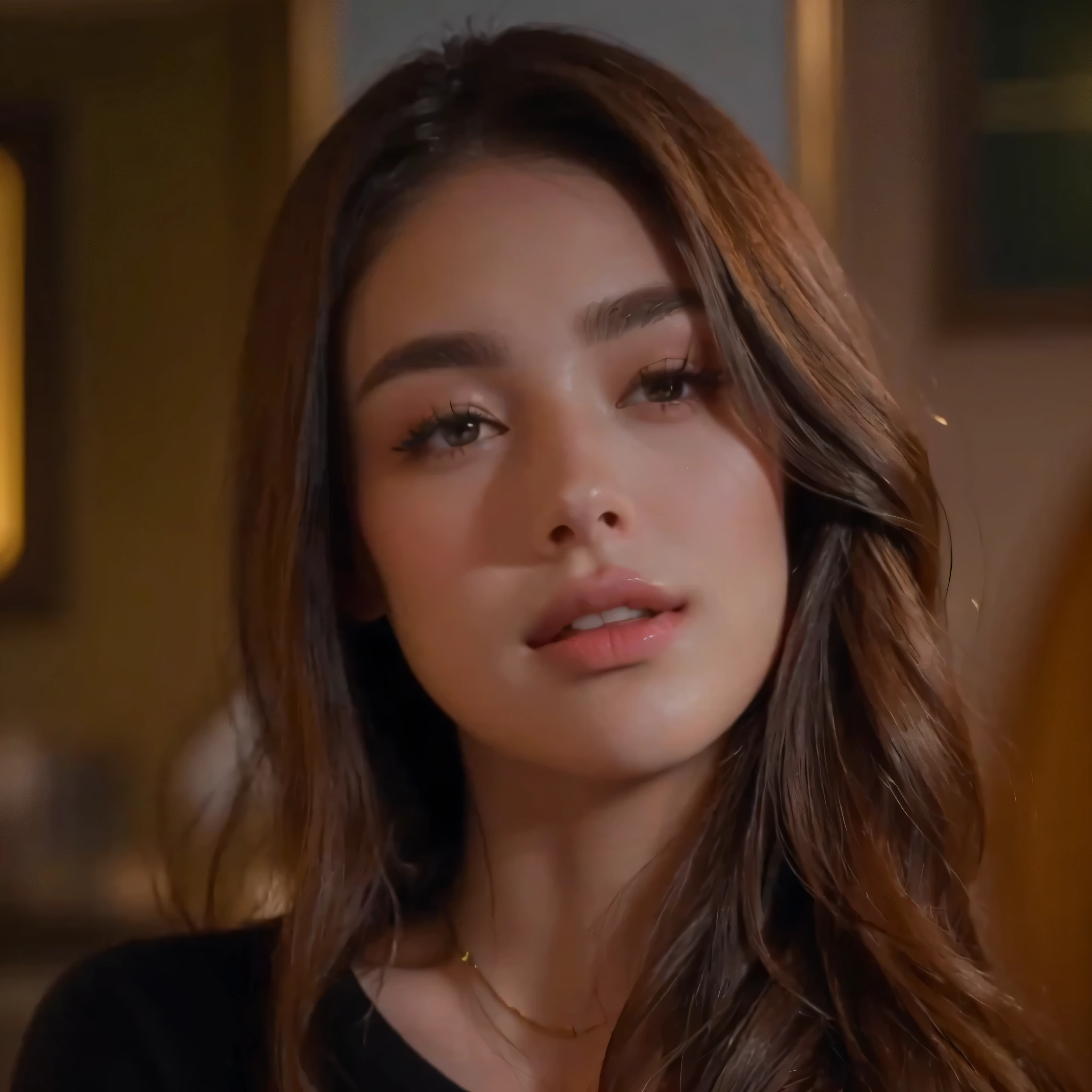 a close up of a woman with long hair and a black shirt, portrait sophie mudd, charli bowater, soft devil queen madison beer, madison beer girl portrait, chloe bennet, sydney hanson, madison beer, handsome girl, gorgeous lady, movie screencap, she has a cute face, very pretty face, smug smirk, she has a cute expressive face, sexy, erotic look