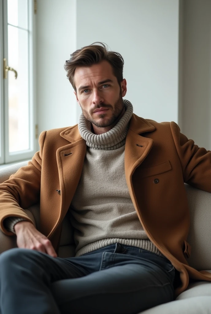 a 39-year-old white man, model type, blue colored eyes, wearing winter clothes, sitting on a sofa in a room with white walls. 