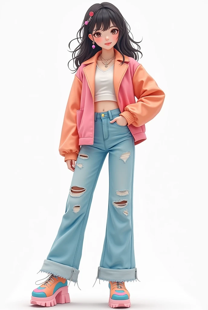 A young female K-pop Idol in a y2k outfit style, white background. Full view, from her head to her toes.