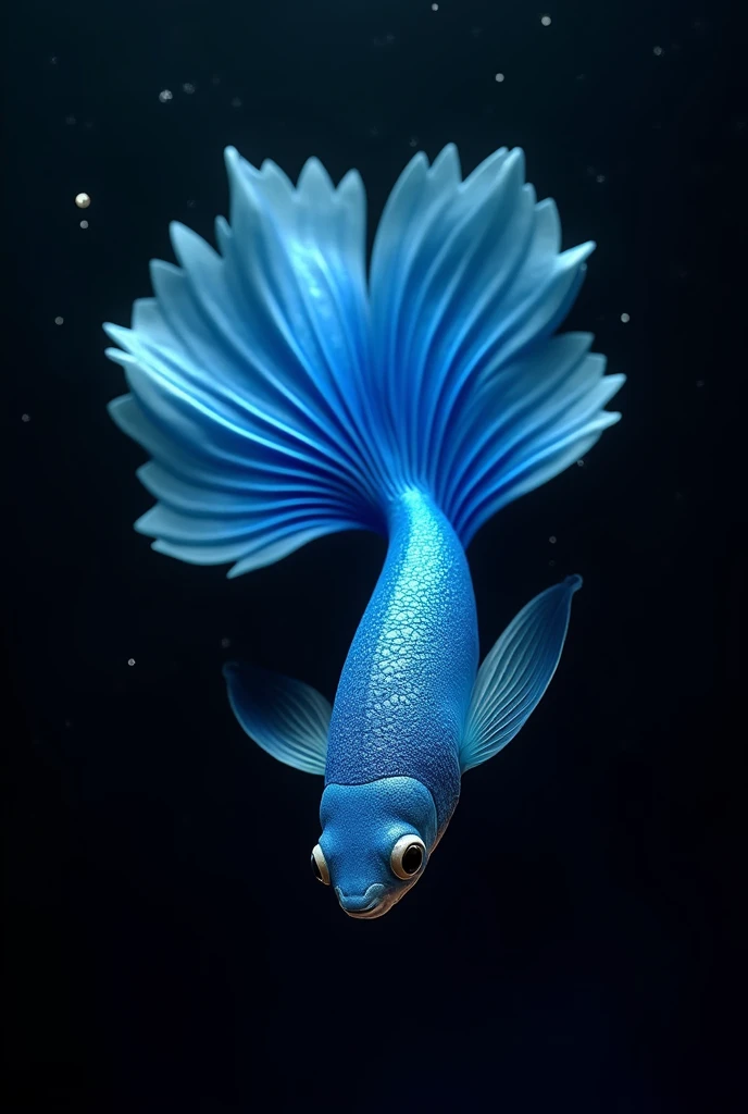 blue guppy fish flaunting its beautiful fins and tail upsidedown in black background 