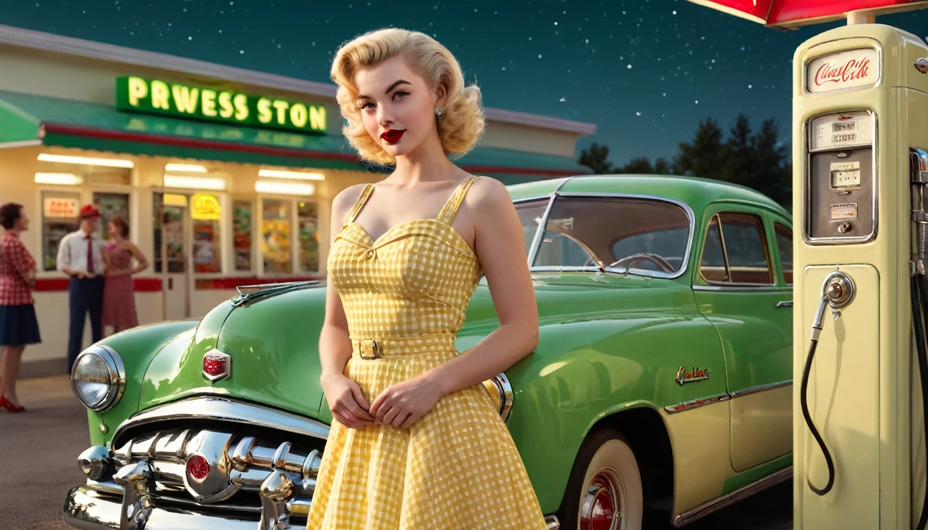  ultra-detailed, photorealistic, A beautiful young blonde woman with vintage 1950s style pinup stands confidently in front of a classic green car at a retro gas station. She wears a form-fitting, yellow gingham dress that accentuates her figure, complemented by red lipstick and elegant, curled blonde hair. The gas station has a nostalgic feel, with green and cream accents and a classic gas pump. The night sky above is clear, adding a serene ambiance to the scene. The overall mood is nostalgic and glamorous, capturing the essence of mid-20th-century Americana. perfect face, Ultra realistic photo, vibrant colors, 16k