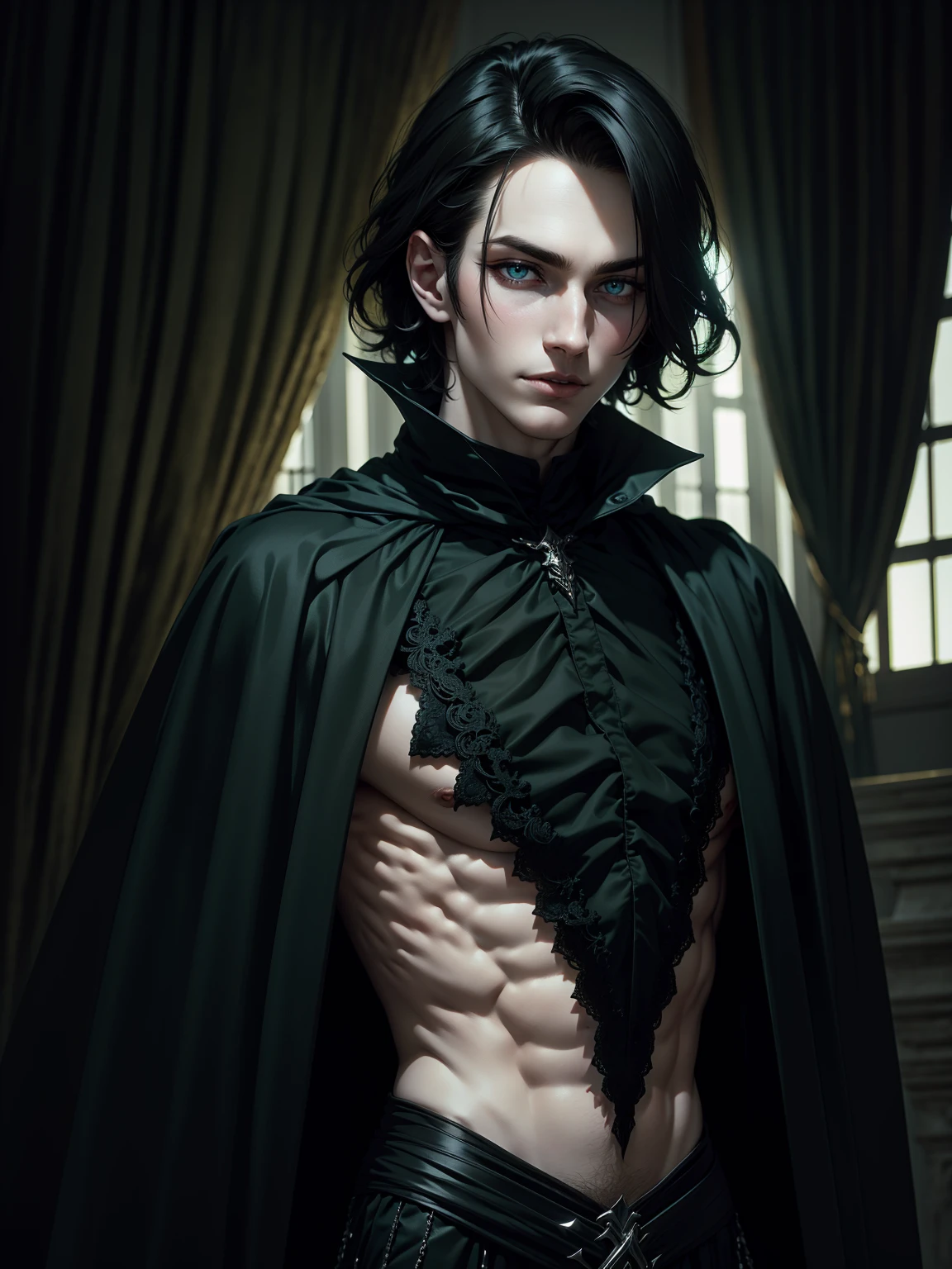 (best quality), 1boy, male, pale skin, black hair, medium hair, curtain hair, tousled hair, green eyes, perfect eyes, dark circles under eyes, light smile, (gothic clothes), masterpiece, anatomically correct, highres