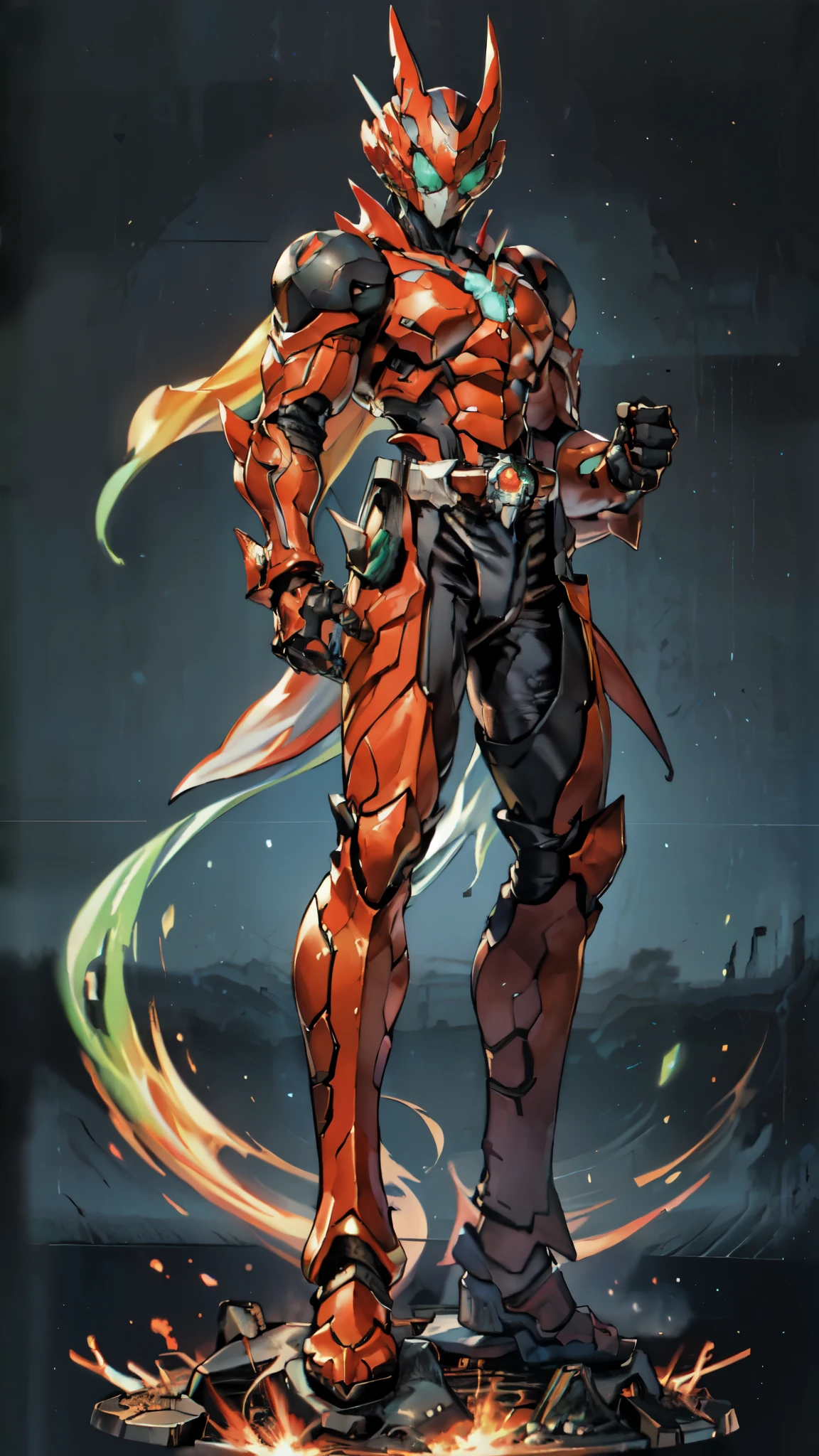 (masterpiece:1.5, best quality:1.5, extremely delicate:1.5, superhero pose:1.5), a man wearing a full-face helmet, a fantasy-style biotech armored combat suit, green eyes, (a composite layered chest armor), fully enclosed shoulder guards, matching arm and leg guards, belt of Neon circuit, (the color scheme is primarily black with green and red accents), the design balances heavy with agility, a high-tech bio-mecha armor, (Armor Concept Inspired by Kamen Rider, stand on the top of a skyscraper in a futuristic sci-fi city), this character embodies a finely crafted fantasy-surreal style armored hero in anime style, exquisite and mature manga art style, (element, plasma, energy, the armor glows), ((male:1.5)), metallic, high definition, highres, ultra-detailed, ultra-fine painting, professional, perfect body proportions, golden ratio, anatomically correct, symmetrical face, extremely detailed eyes and face, high quality eyes, creativity, RAW photo, UHD, 32k, Natural light, cinematic lighting, masterpiece-anatomy-perfect