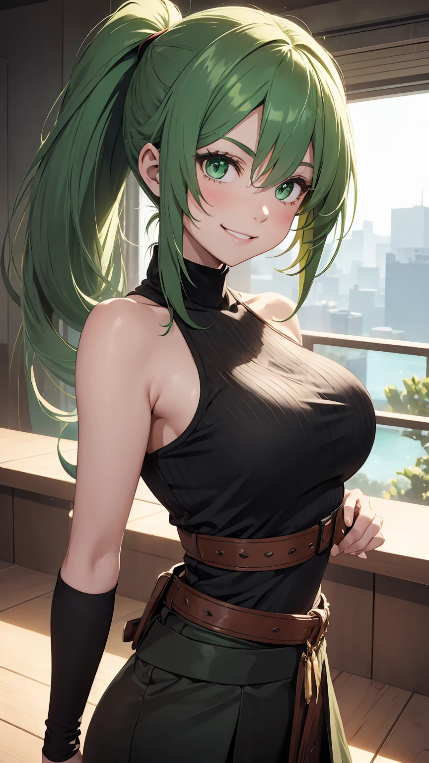 1girl, green eyes, green hair, long pony tail,smile,best quality, masterpiece, ultra detailed 