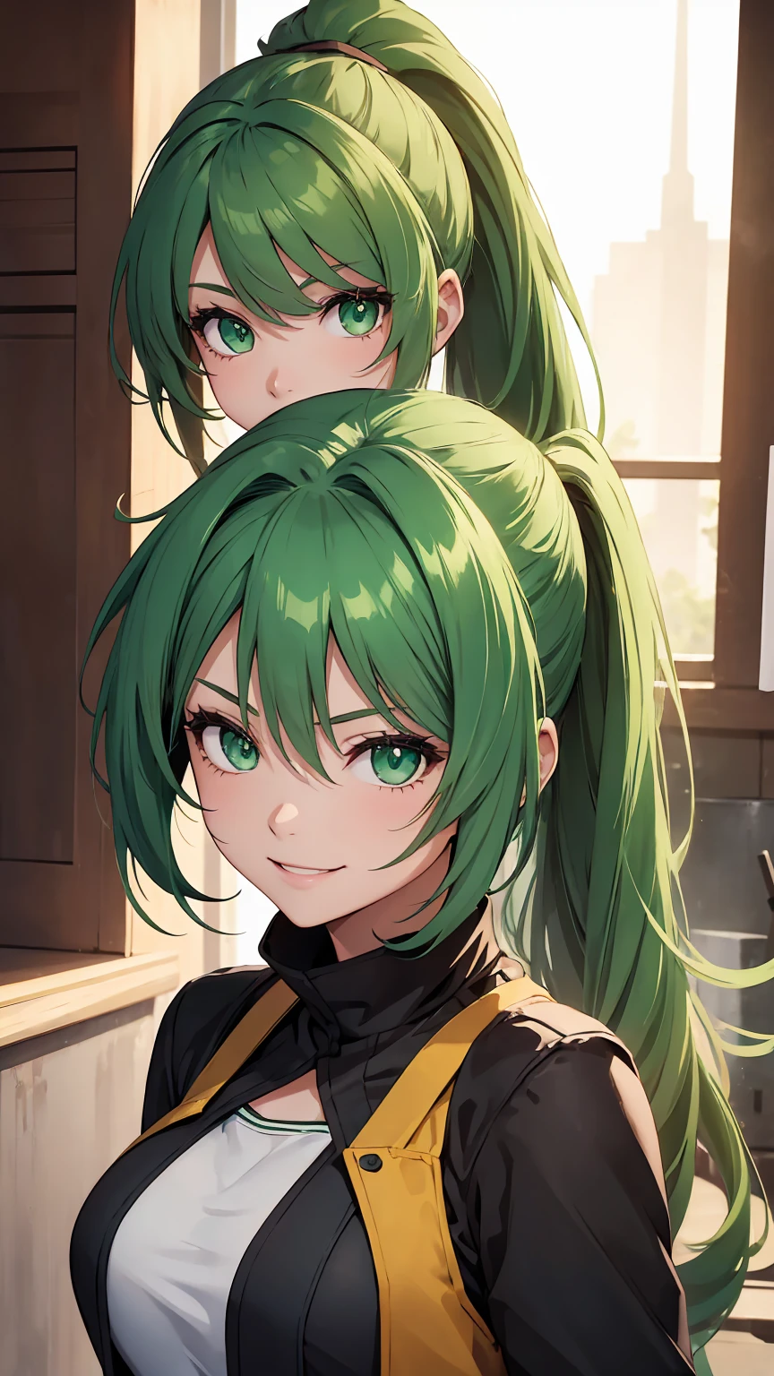 1girl, green eyes, green hair, long pony tail,smile,best quality, masterpiece, ultra detailed 