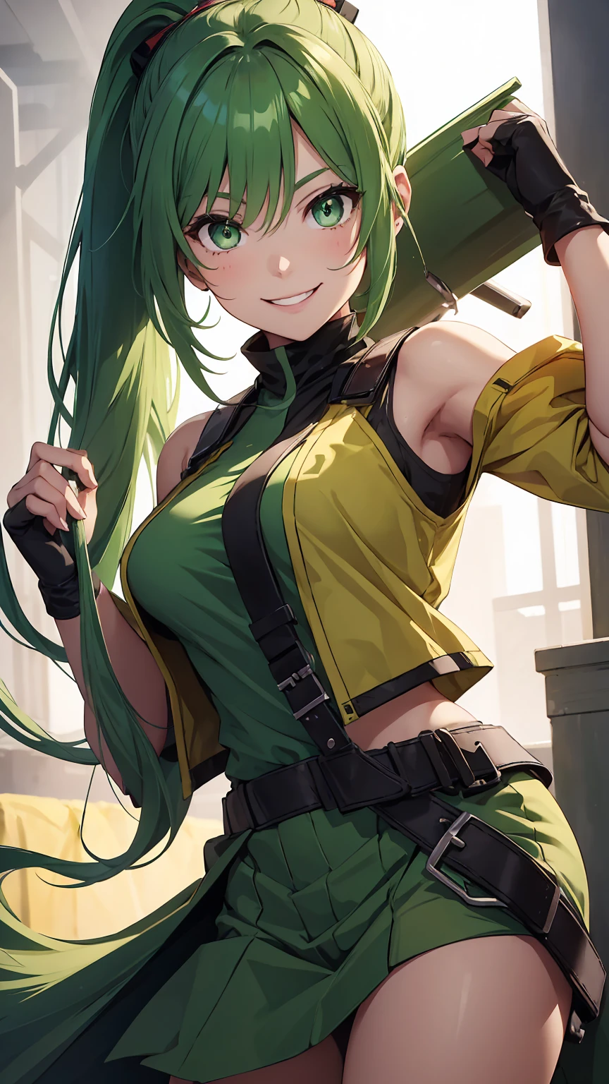 1girl, green eyes, green hair, long pony tail,smile,best quality, masterpiece, ultra detailed 