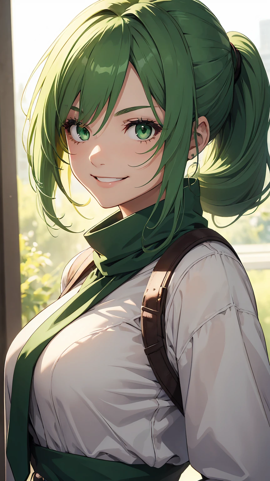 1girl, green eyes, green hair, long pony tail,smile,best quality, masterpiece, ultra detailed 