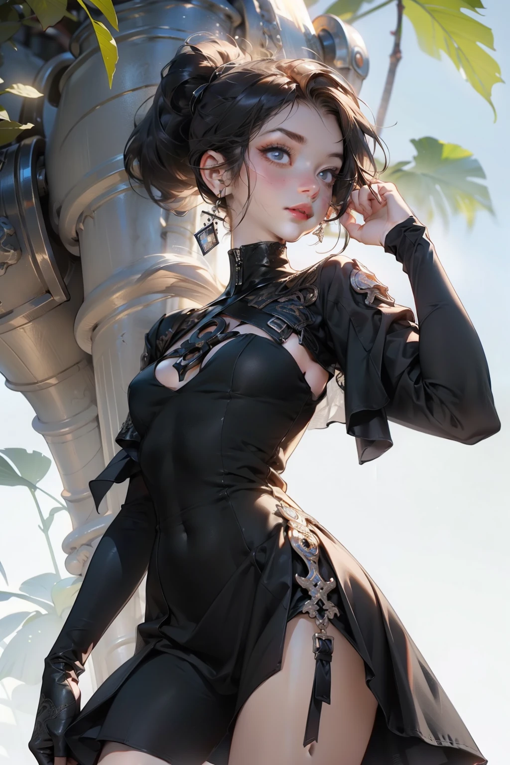 (((masterpiece, of the highest quality, super detailed))), (digital art), (a witch belonging to an occult order of knights), (a knight crossed with a witch), Victorian era inspired, ((minimal but intricate beautiful armour)), (Fluttering lace flared dress with frilly petticoats), ((Bloodbourne inspired)), ((Bloodbourne crossed with nier automata)), (big forhead:1.2), (((dark hair, ponytail, thick ponytail, heavy ponytail))), (((Very sharp focused eyes))), ((small breasts)), very long eyelashes, occult aesthetic, (red and white clothing detailed and intricate steampunk and detailed gothic), (with a hood), complex lace boots,