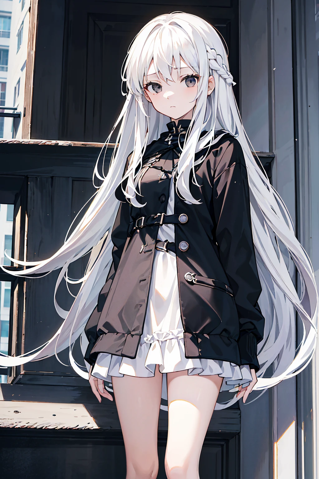 close-up, masterpiece, best quality, high details, (((a girl))), ((white long hair:1.2)), (black eyes:1.3), closed mouth, expressionless, Anime girl wearing Black jacket, white dress, Standing on the balcony