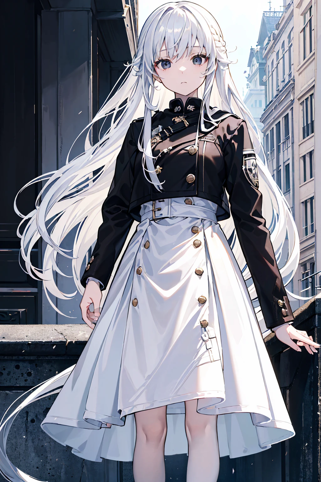 close-up, masterpiece, best quality, high details, (((a girl))), ((white long hair:1.2)), (black eyes:1.3), closed mouth, expressionless, Anime girl wearing Black jacket, white dress, Standing on the balcony