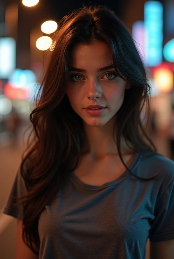 (Highest quality, High resolution, masterpiece :1.3), Beautiful woman, Slim figure, Dark brown hair, T-Shirts, (Night city street), Highly detailed face and skin texture, Detailed eyes, double eyelid