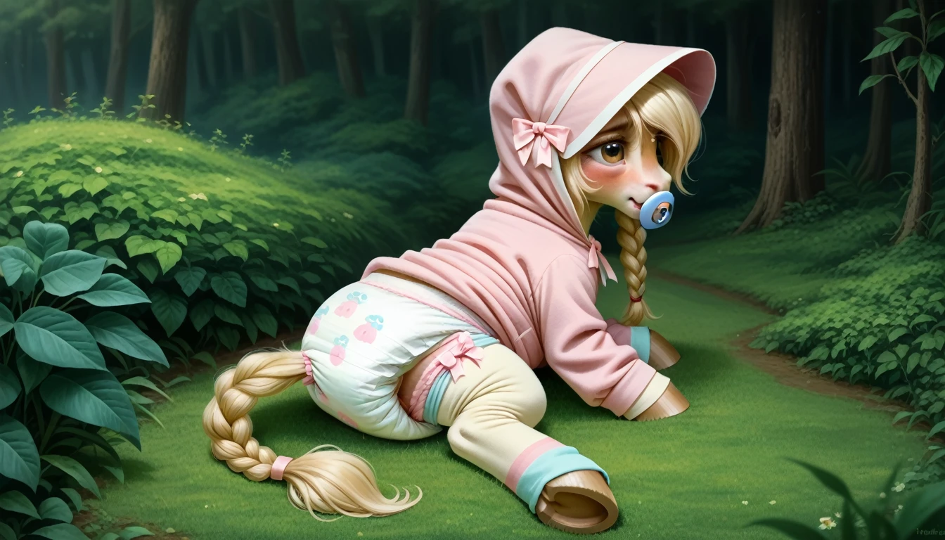 pony, beige earth pony, no horn, no wings, adult mare, lush mane braided into a braid, lush tail, sitting outside, dressed in an onesie, bonnet and booties, pacifier in mouth, solo, thick diaper under clothes, bulge on the back of the diaper, between the hind hooves and on the front of the diaper, sagging diaper, pink blush on cheeks, embarrassment, awkwardness.