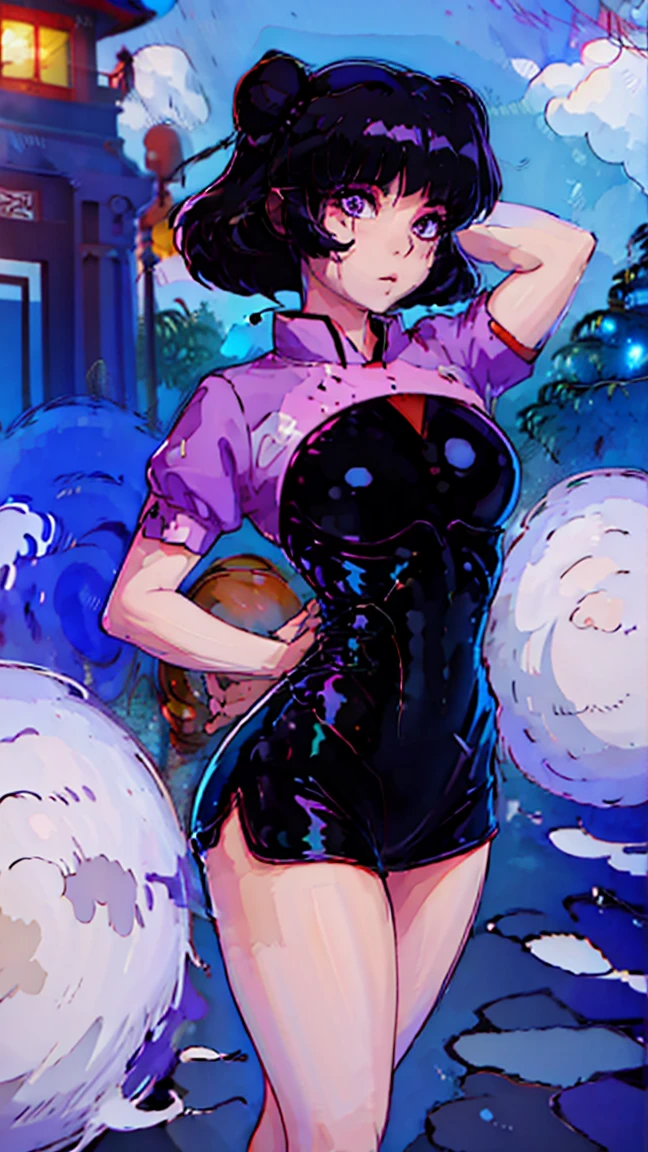 shampoo ranma 1/2, sexy, fitness, muscular, thick thighs, thin waist, large hips, small breasts, purple hair, traditional chinese dress, shredded abs, thick calves, full body