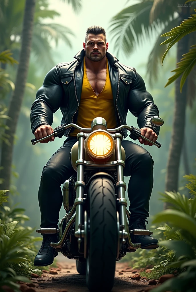 Big giant body builder men wearing black leather jacket on yellow unbuttoned dress shirt on heavy motor bike in jungle 