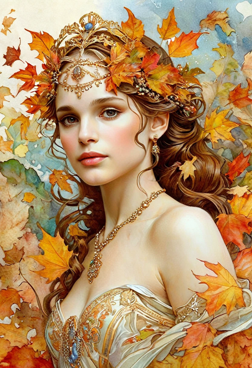 with fallen leaves adorning her hair., (Natalie Portman:1.2), extremely detailed watercolor, The style of Alfons Maria Mucha and Gustav Kilmut, Art Nouveau accents, Fairy Queen, Anthropomorphic woman, Female figure, Detailed cover artwork, I'm depicting a beautiful woman as the goddess of autumn,, Alphonse Mucha, Gustav Klimt, Pale skin, Marble sculpture, society, Gothic art, Art Nouveau, Behance Contest Winner