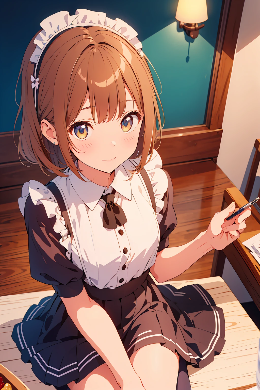 (Highest quality,Tabletop:1.2),(Anime Style,Comic Core:1.1),One Girl,Cute Style,Adorable,Highly detailed eyes,Highly detailed face,Very fine hair,About Hipdar,8k,solve,maid,maid服,mini skirt,squat,