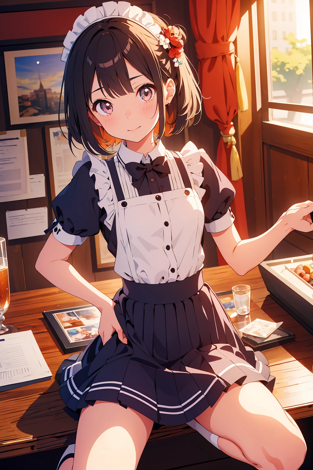 (Highest quality,Tabletop:1.2),(Anime Style,Comic Core:1.1),One Girl,Cute Style,Adorable,Highly detailed eyes,Highly detailed face,Very fine hair,About Hipdar,8k,solve,maid,maid服,mini skirt,squat,