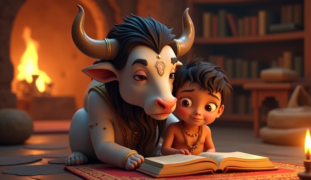 In cinematic cartoon style 3D " Normal Human Form of Nandi: Show Nandi, in human form, being lovingly cared for by Sage Shilad in their humble hut. Nandi is depicted as a young boy, wise and serene, mastering the Vedas. "