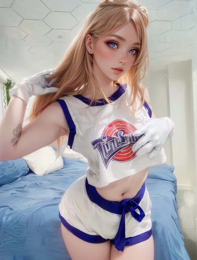 (1 lady), (Best quality at best:1.4), (ultra - detailed), (extremely detailed CG unified 16k), A Beautiful Woman with Perfect Figure: 1.4, Sharp Focus: 1.2, very detailed, High-definition RAW color photo, professional photoshooting, amazing face and eyes, cosmetics, (amazingly beautiful girl), ((lola bunny cosplay)), standing, sexyposture,(Stylish apartment room), realistic cinematic face, ((realistic natural orange red blonde hair style, red eyes:1.2, short hair)), gorgeous, extremely beautiful face, perfect model beauty, Highly Detailed Face and Skin Texture, Detailed Eyes, Double Eyelids, (masterpiece), best quality, high resolution, extremely detailed, blurred background, depth of field, cinematic lighting, amazing legs, high heels, clear and well-cared skin, athletic, (big proportions body, a bit fat), looking at viewer, white gloves:1.2, nice hands:1.2