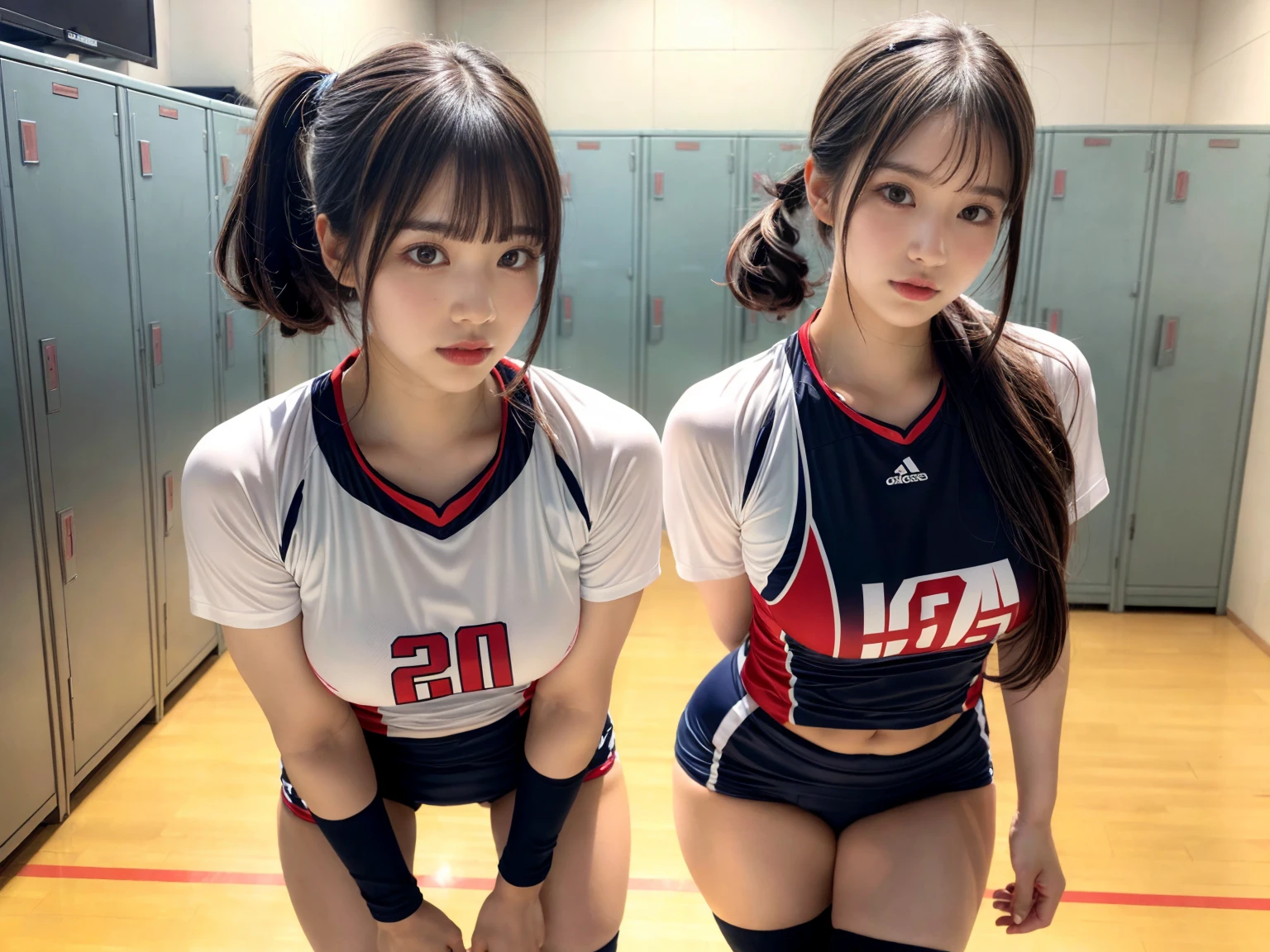 masterpiece, best quality, illustration, Super detailed, fine details, High resolution, 8K,wall paper, perfect dynamic composition,(Details High quality, realistic depiction of eyes:1.3), (2 girls), (short hair volleyball player, Volleyball Uniforms), Tight clothes, locker room, (large breasts), black hair color, Big Natural Color Lip, bold sexy pose, (perfect body shape), Do gal makeup, sexy face, Harajuku style、20 year old girl、cute type、lolita、beautiful legs, hposing Gravure Idol,