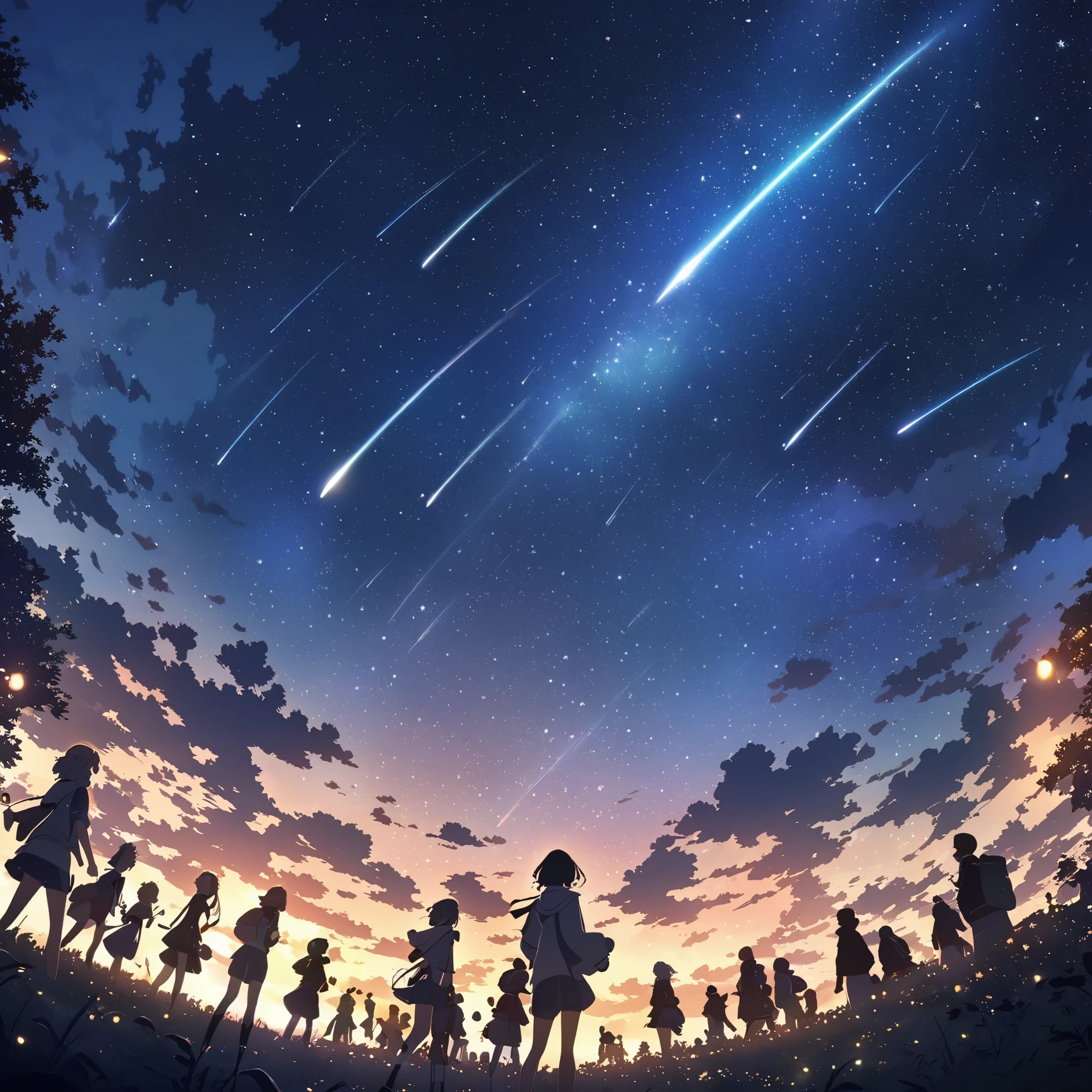 Anime drawings inspired by Makoto Shinkai, A girl throws a star into the dark sky, Shooting stars radiating from the night sky, Stars around the girl々The number of people looking up々Creatures of, Everyone looks up at the night sky with a smile, 4k anime wallpaper,Anime Art Wallpaper, by Cyril Rolando,
