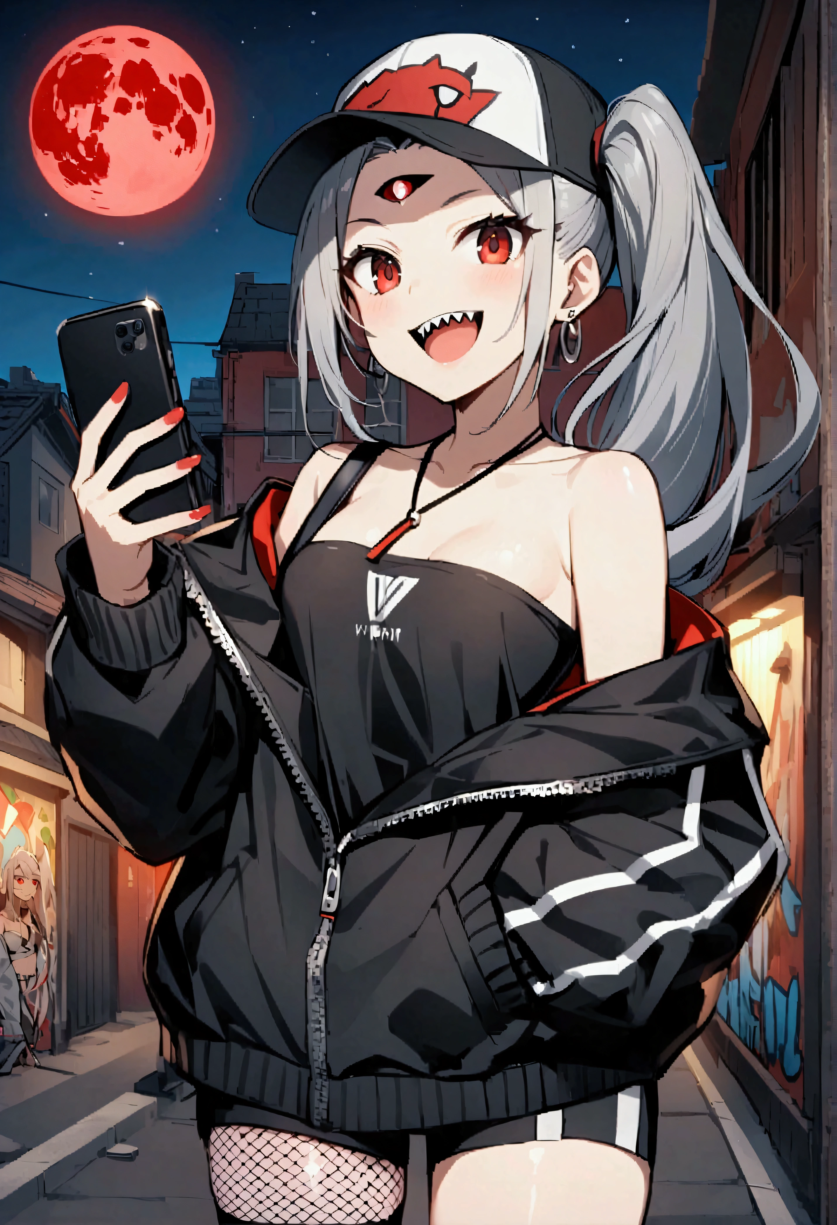 Abigail(destiny))、One girl、Gray Hair、Long Hair、Red eyes、amount、Third Eye、Side Lock、Parted bangs、Side Ponytail、Earrings、Baseball cap、Black jacket、Off the shoulder、Exposed shoulders、Tube top、Shorts、Fishnet tights、Asymmetrical legwear、Have a mobile phone、Sharp teeth、smile、Outdoor、Town、graffiti、night、Red Moon、