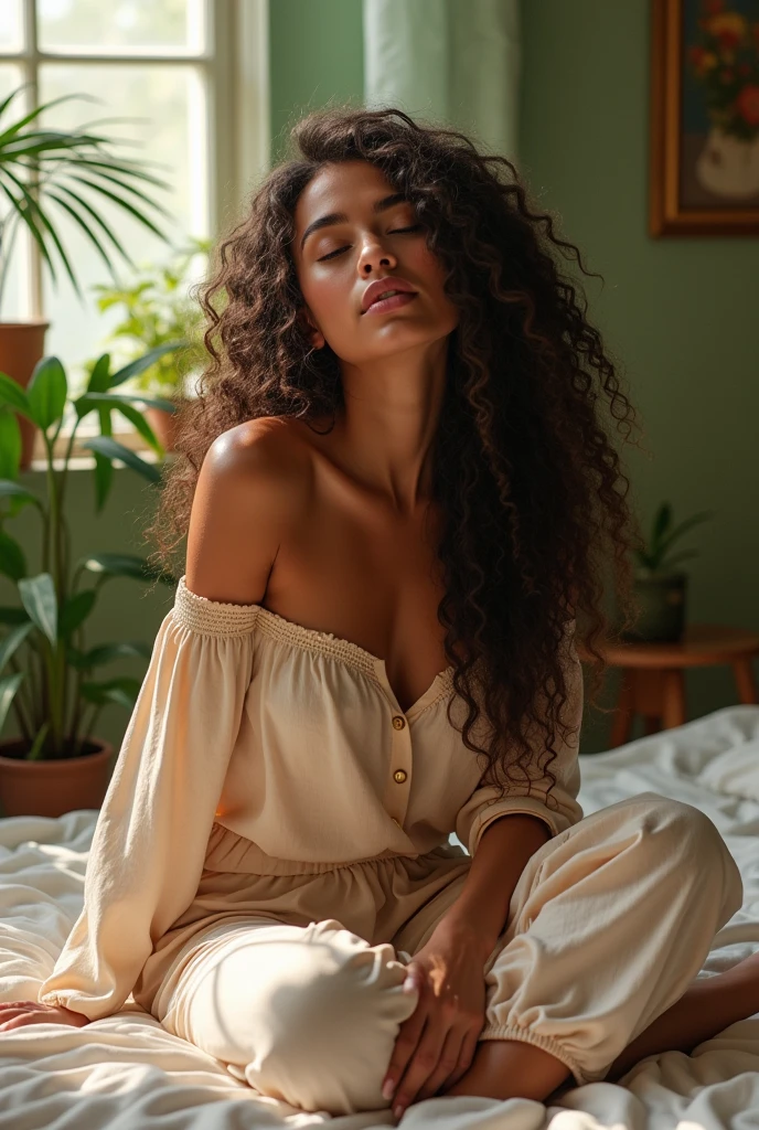 (photorealism:1.2), beautiful woman, sitting on bed, wearing loose off-shoulder top, pajama pants, long curly hair, indoors, soft lighting, plants in background, window with sunlight, cozy room, relaxed pose, realistic, intricate details, warm colors, by Greg Rutkowski, by Alphonse Mucha