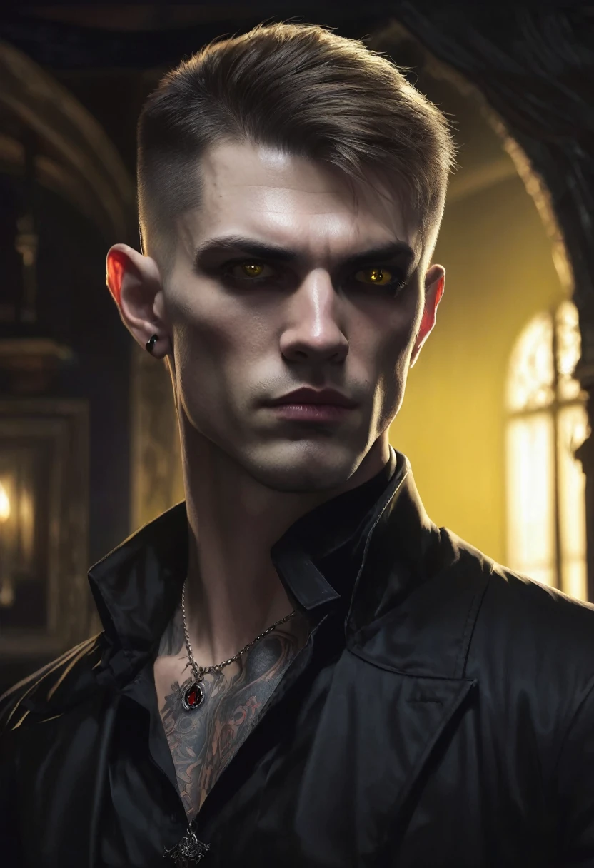 1 man, he is a vampire, inside a dark and gloomy house, wearing simple black clothes, detailed facial features, male yellow eyes, detailed fair skin, completely shaved light brown hair, dramatic lighting, neck tattoo, cinematic composition, dark palette, dark colors, atmospheric haze, square jaw, soft face, serious face, handsome man, adult man, ultra realistic, profile picture, stunning, surreal beauty, adult man (best quality, 4K, 8K, high resolution, artwork: 1.2), ultra detailed (realistic, photorealistic, photorealistic: 1.37)