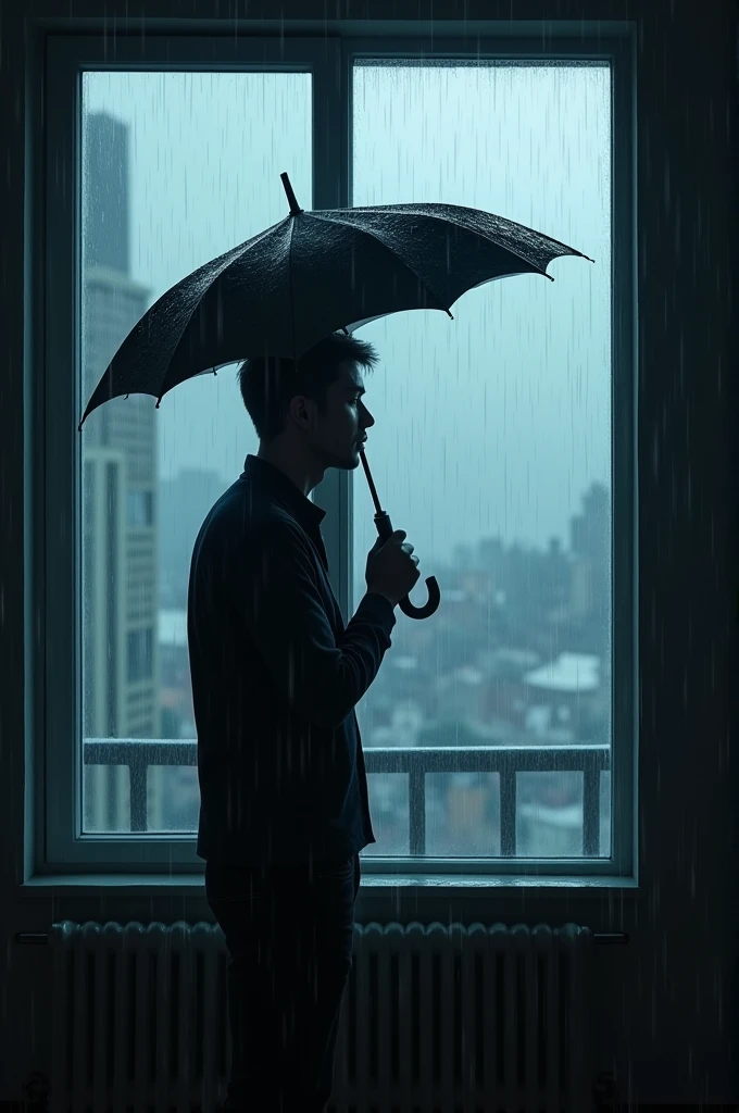 A human holding an umbrella** inside, while a torrential downpour happens *outside* the window.