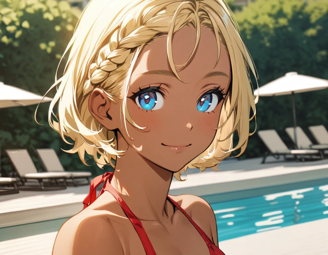 1girl(blond short hair, Braid, red bikini, Blue eyes, tall, Tan Skin. light smile), poolside
