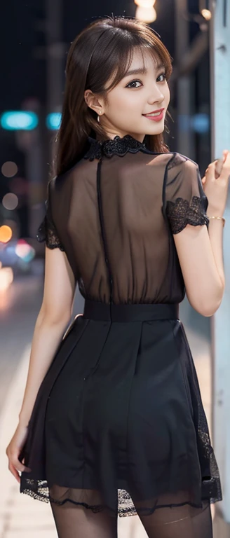 8K, masutepiece, Raw photo, Best Quality, Photorealistic, Highly detailed CG Unity 8k wallpaper, depth of fields, Cinematic Light, Lens Flare, Ray tracing, (Extremely beautiful face, Beautiful lips, Beautiful eyes), intricate detail face, ((Ultra detailed skin)) 1girl in, In the Dark, deepshadow, Pretty Korean girl, Kpop Idol, 1 girl, (Very slim and slender fit muscular body:1.3), ((Looking at Viewer)),(Big smile:1.3), (Midnight, a dark night, (Neon sign), (Blurred background), Dim light), (No people in the background:1.3), Beautiful earrings, Bracelets, Necklace, pantyhose, Clear eyes, Walking , Front shot, (pale skin), (big eye ace forward, (Full body shot), (Brown hairs), open navel, (Looking at Viewer:1.3), Very slim, medium breasts, (Camel toe), thick thighs, turn back, (Fluttering Mini Dress Light Dark Pink Lace Collar Dress)), (Tight skirt), ((backtrack, Back shot)), Ultra mini skirt, exposed ass, upper Shot