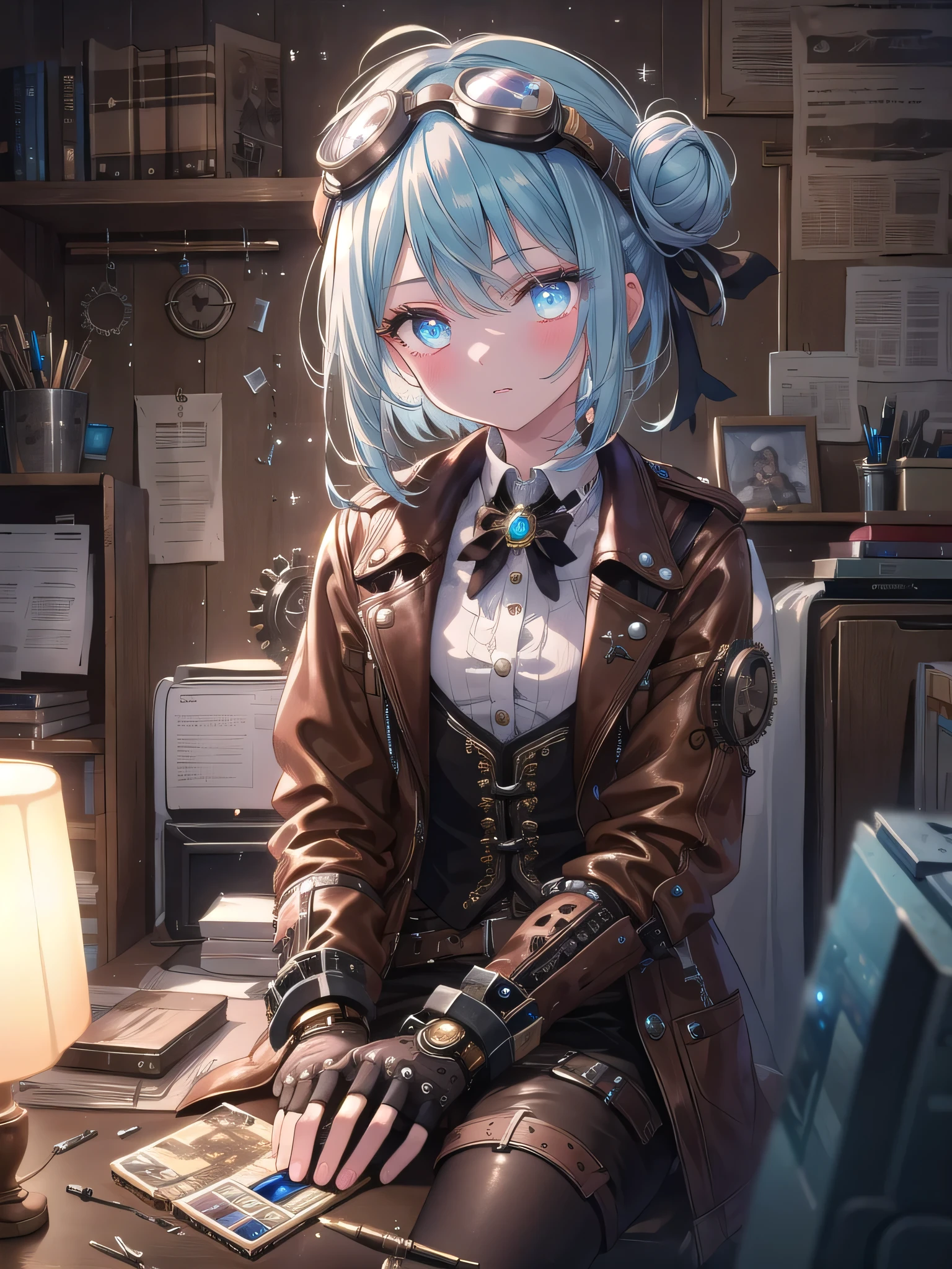 ((8k, Highest quality, masterpiece: 1.3)),Ultra-high resolution,(1 girl, alone), (Color changing eyes, Ultra-detailed, Expressive brilliance, Glitter, Glowing Eyes), Highly detailed eyes, Highly detailed face, Random Hair, ((pastel colour)),A focused young woman with pastel blue hair styled into a messy bun, sitting at her desk in her room as she works on crafting a detailed cosplay prop. It’s late at night, and the only light in the room comes from a desk lamp and the glow of her computer screen. She is dressed in a steampunk engineer cosplay, wearing a brown leather vest over a white blouse, goggles on her head, and fingerless gloves. The camera captures her from a close-up angle as she carefully glues small gears onto a mechanical arm piece, her expression serious and absorbed. Her room is filled with various crafting tools, blueprints pinned to a corkboard, and a few steampunk-inspired decorations, creating an atmosphere of creativity and innovation.
