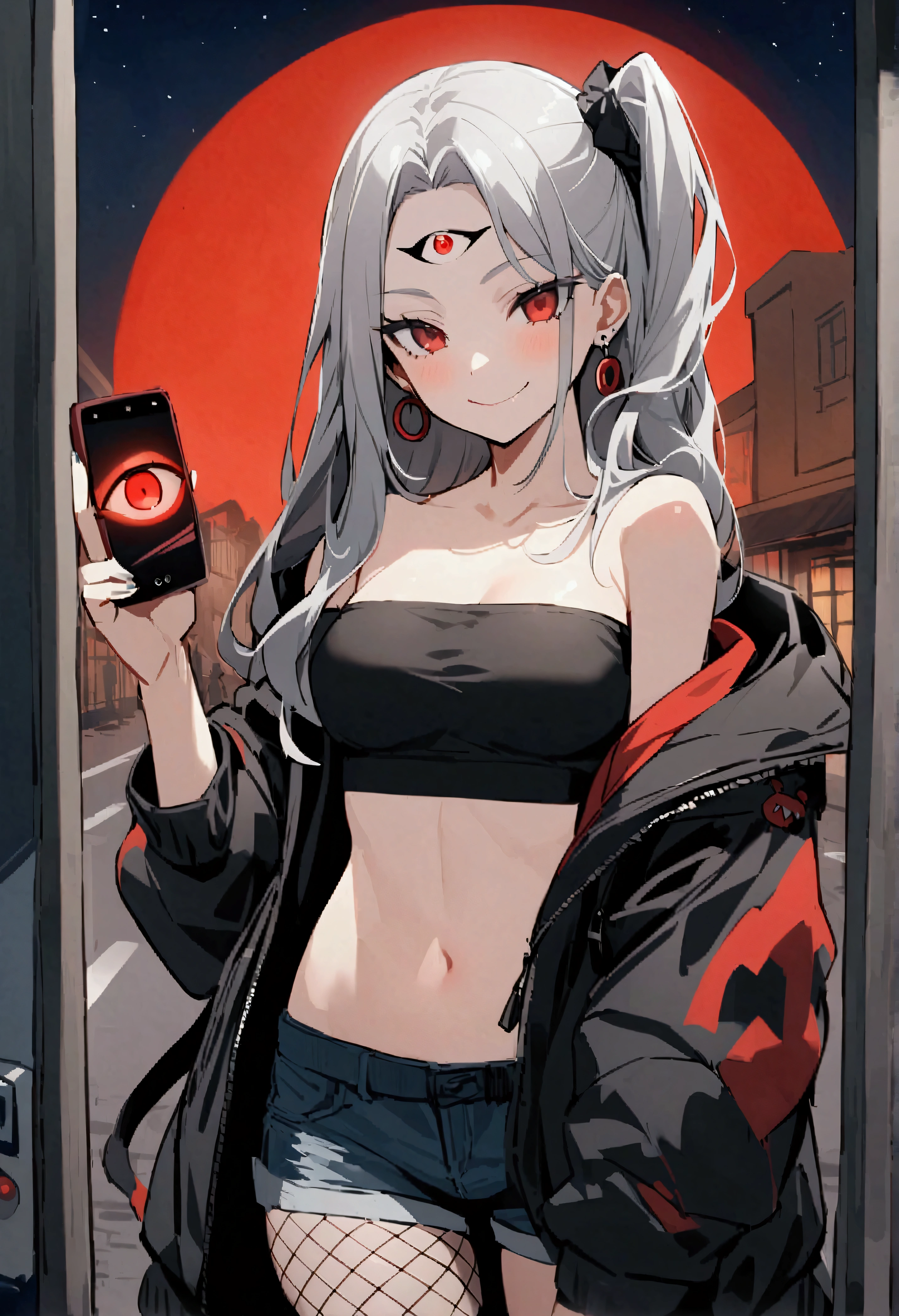 Abigail（destiny））、One girl、Gray Hair、Long Hair、Red eyes、amount、Third Eye、Side Lock、Parted bangs、Side Ponytail、Earrings、Baseball cap、Black jacket、Off the shoulder、Exposed shoulders、Tube top、Shorts、Fishnet tights、Asymmetrical legwear、Have a mobile phone、Sharp teeth、smile、Outdoor、Town、graffiti、night、Red Moon、