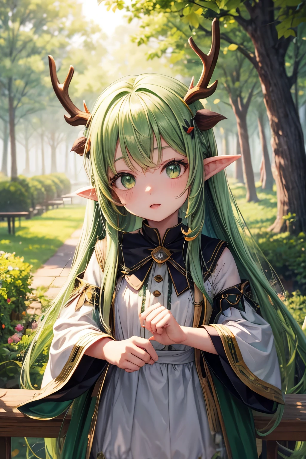 Loli, little girl, long green hair, antlers, green eyes, pointed ears