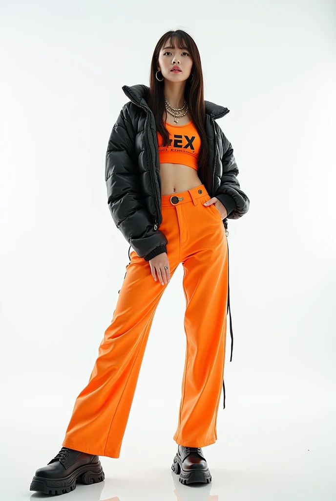 A badass female K-pop Idol in a y2k outfit style, white background. Full view, from her head to her toes.