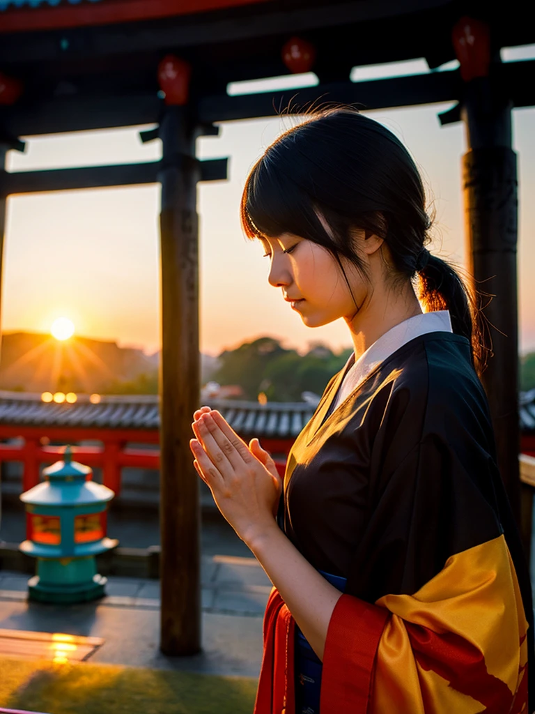 A black-haired Japanese woman praying at a shrine
Sunrise