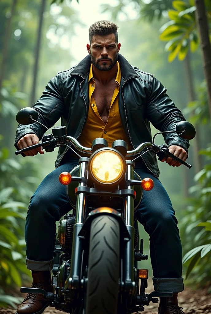 Big giant body builder men wearing black leather jacket on yellow unbuttoned dress shirt on heavy motor bike in jungle 